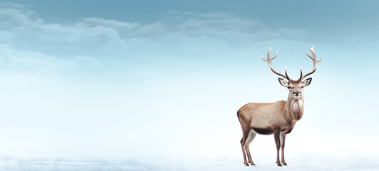 Christmas deer in winter snow field. Merry christmas and Happy new year background. Generative ai
