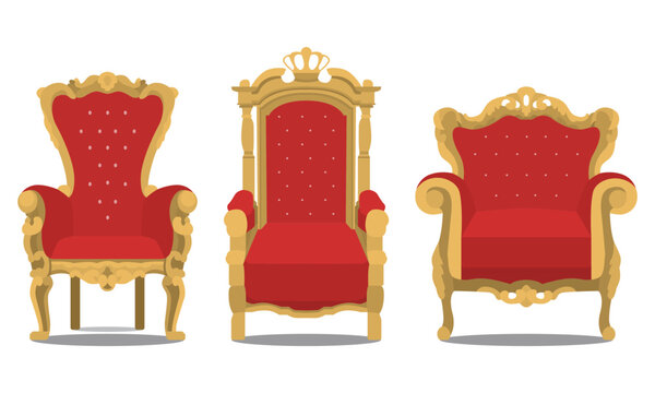 Collection of flat design royal chairs. King's chair, throne seat. Vector illustration