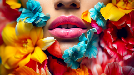 Close up von Lippen einer Frau. Gesicht umrahmt mit Blumen. Mode generiert mit KI - obrazy, fototapety, plakaty