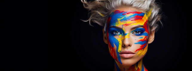 Fototapeta premium Close up Porträt einer Frau mit buntem Make up. Generiert mit KI