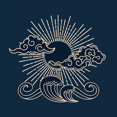 Sun, clouds and sea waves. Vector illustration in vintage Asian style. Graphic gold pattern. For posters, postcards, banners, design elements, printing on fabric