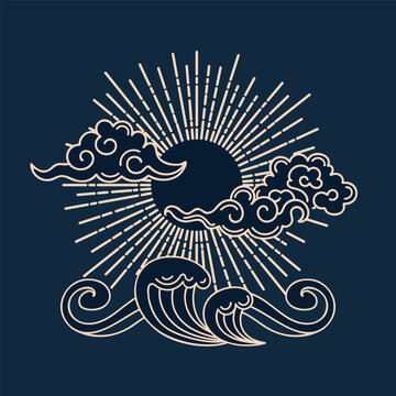 recommend clip art: Sun, clouds and sea waves. Vector illustration in vintage Asian style. Graphic gold pattern. For posters, postcards, banners, design elements, printing on fabric