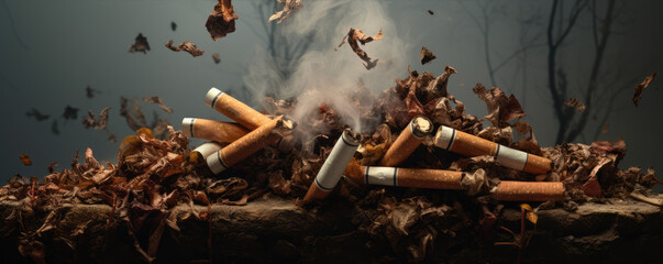 Cigarettes piled in a large heap. Cigarette butts