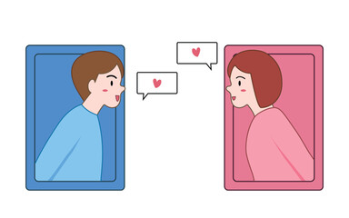 Long distance relationship and dating online concept. woman and man talking through cellphone. Romantic moment. Couple illustration