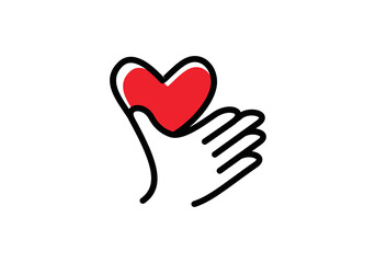 hand and love heart logo, simple abstract line art vector design	
