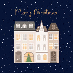 Obraz na płótnie Canvas Christmas cityscape, european houses, winter, merry christmas, happy holiday, architecture 