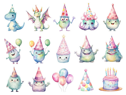 Watercolor Birthday Monsters. Set of Clipart Monsters in Birthday Theme. Birthday Concept.