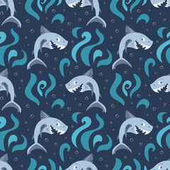 Cute shark pirate laughs. Anchor tattoo on fin. Children cartoon character. Adventures and travel, fleet. seamless pattern in flat style. For wallpaper, fabric, wrapping, background.