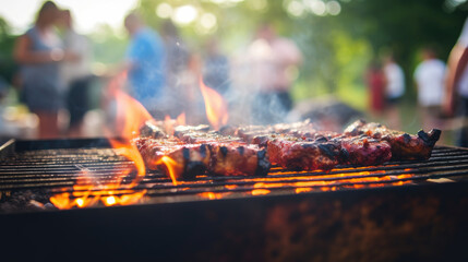 Detailed close-up of a grill during a summer BBQ food party with a blurred background of people having fun.