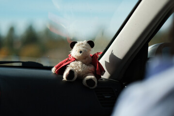 Teddy bear toy on a driving cockpit as a talisman on a road