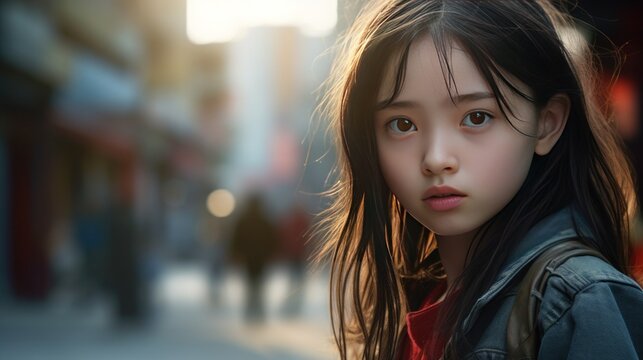 Close-up Of A Chinese Child's Face, An Asian Girl, A Child With Various Emotions