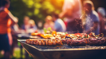 Detailed close-up of a grill during a summer BBQ food party with a blurred background of people having fun. - obrazy, fototapety, plakaty