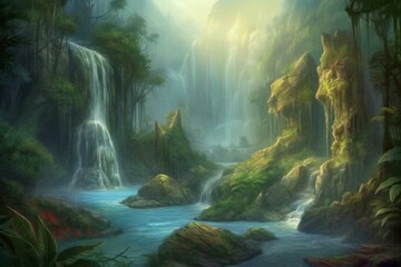 Enchanting waterfalls and lagoons in a jungle landscape - fantasy painting. Generative AI