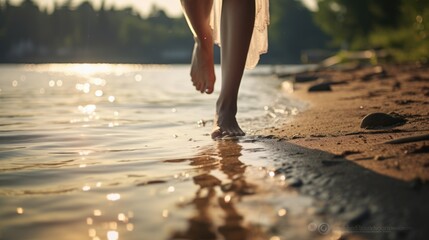 Close-up of woman's feet in water, woman walking by the sea, woman with lifestyle lifestyle