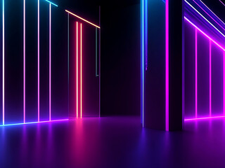 3d render, abstract minimal neon background, pink blue neon lines going up.