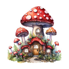 Obraz premium mushroom house, Christmas mushroom house, watercolor fantasy clipart, carton illustration