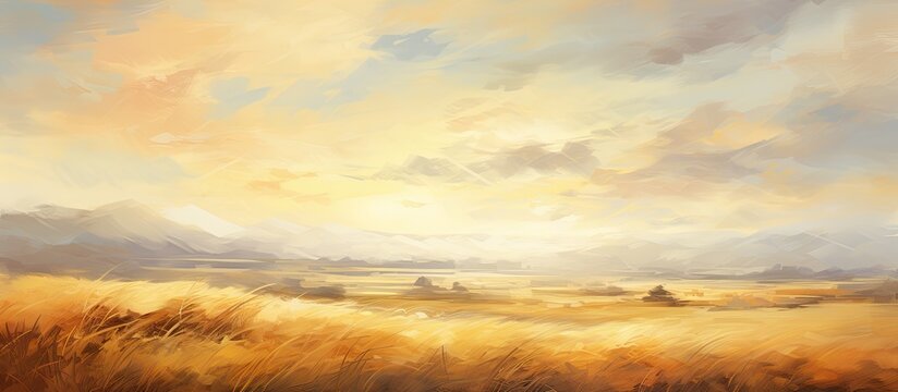 Painting of a sunny grassy landscape warmly