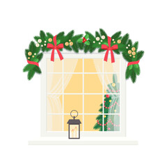 Cute window with Christmas decoration, isolated on white background. Exterior concept for house. Cartoon flat style. Vector illustration