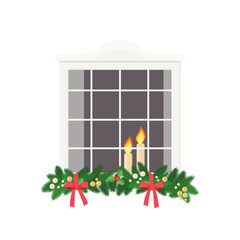 Cute window decorated with fir branches, isolated on white background. Exterior concept for house. Cartoon flat style. Vector illustration