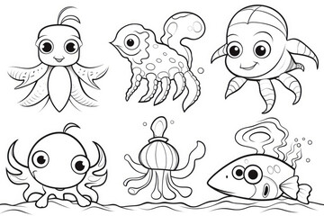 Bundle of Underwater animals for kids with simple lines.