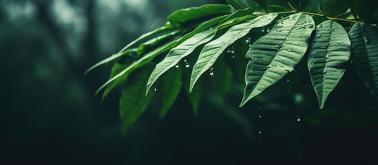 Dark toned process of nature background with water drops on green foliage in rain forest during rainy season