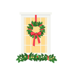 Cute window decorated with fir branches and Christmas wreath, isolated on white background. Exterior concept for house. Cartoon flat style. Vector illustration