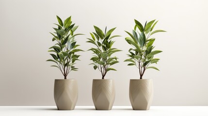 Three potted plants sitting on top of a table.