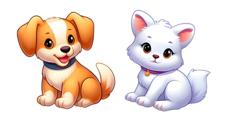A cartoon cat and dog sitting next to each other on a white background. The cat is white with blue eyes and a big smile on its face. The dog is brown with white spots and a wagging tail. Both animals 