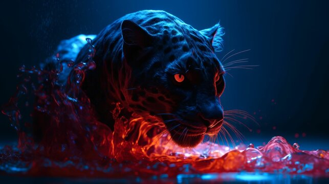 AI generated illustration of a mysterious black leopard illuminated by red and blue lights