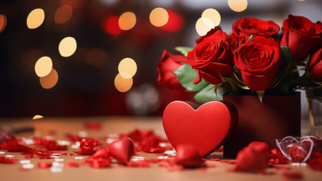 Beautiful red roses and gift box on the table, space for text. St. Valentine's day celebration