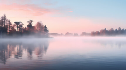 A calm and peaceful lakeside at dawn, the still water reflecting the pastel hues of the sky, surrounded by a gentle mist