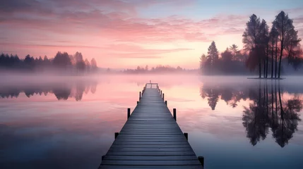 Badezimmer Foto Rückwand A calm and peaceful lakeside at dawn, the still water reflecting the pastel hues of the sky, surrounded by a gentle mist © Manuel