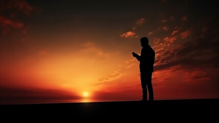 Silhouette of person stand and feel happy on use phone the most hight of technology communication. background sunrise, advertisement, alone, dark