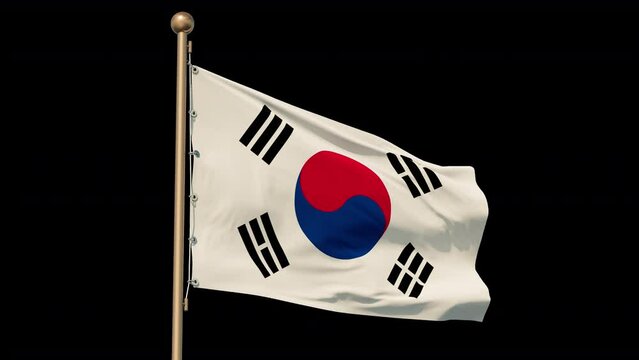 Flag of Korea, seamless loopable. Fabric texture, realistic wind, bottom view. Close-up. Alpha Channel.