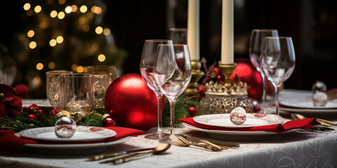 Beautiful christmas table setting,  Christmas dinner table decoration, Gorgeous boho luxury table set for festive generative AI


