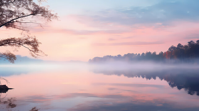 A calm and peaceful lakeside at dawn, the still water reflecting the pastel hues of the sky, surrounded by a gentle mist