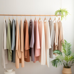 Rack with stylish pastel colors clothes near light wall