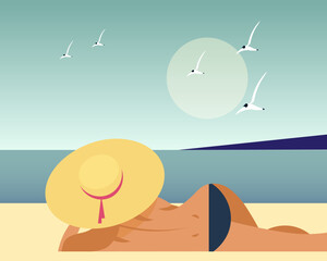 Seescape, a young woman on the beach and the sea with seagulls. Vacation and travel illustration, vector