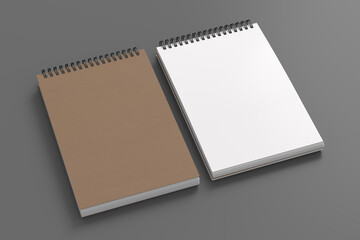 Notebook mockup. Closed and open blank notebook brown paper cover. Spiral notepad on gray background