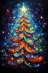 Abstract vibrant Christmas tree at night. Artistic painting for greeting card