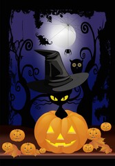Halloween composition with a cat, pumpkins and an owl