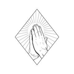 Vintage Retro Religion Praying Hand with Sunburst for Tattoo Design Illustration
