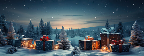 Christmas background with gift boxes in snow landscape, Winter Gift boxs on Christmas tree Background for use wallpaper etc. - obrazy, fototapety, plakaty