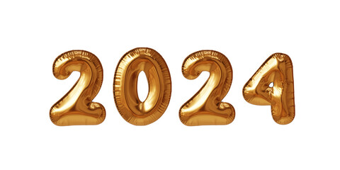 Orange metallic balloon in the shape of the number 2024 in 3D. Celebration of the year 2024, new year party.