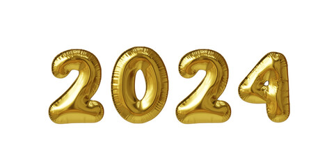 Metallic golden Balloon 2024 3D shape for New Year's Eve. Celebration of the year 2024, new year party.