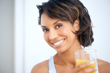 Orange juice, glass and happy woman portrait with health breakfast, nutrition and vitamin c...
