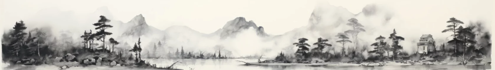 Fotobehang Black ink paint of lake and mountains. Oriental  minimalistic Japanese illustrative style. copyspace for your text. © Sabrewolf