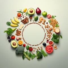 A circle of fruits and vegetables arranged in a circle. Veganuary, vegan January.