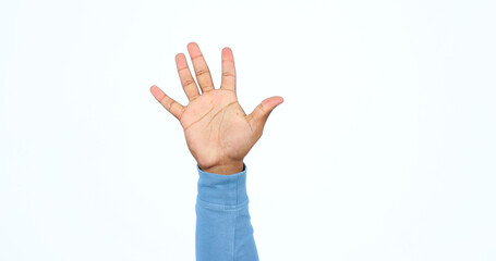 Hand, palm or closeup of high five in success, volunteer or help in charity organisation in studio mockup. Presentation, fingers and stop in sign language, emoji or warning signal on white background