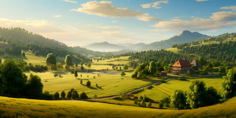 A countryside-themed background with a top view of a serene rural landscape, suitable for getaway destinations
